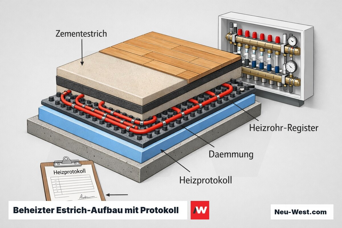 Querschnitt eines beheizten Zementestrichs mit Dämmung, Heizrohren, Verteiler und Heizprotokoll als Nachweisdokument.