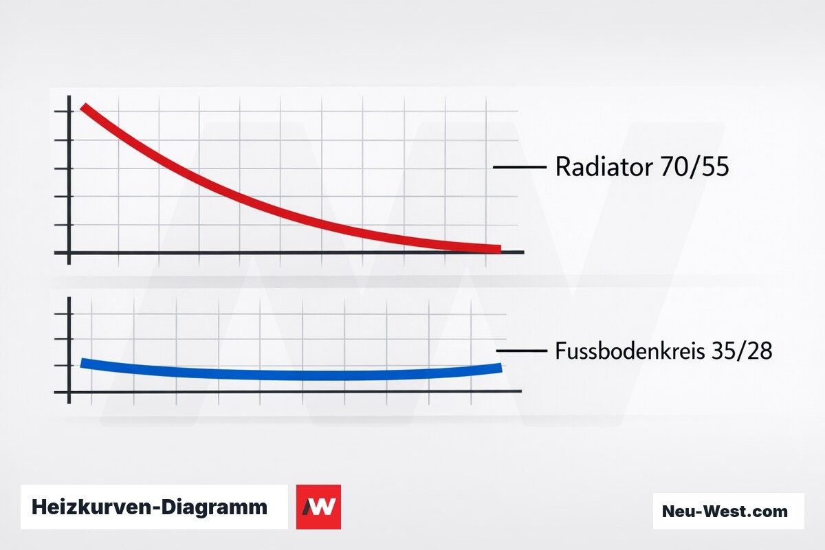Heizkurven-Diagramm: Radiator vs. Fußbodenheizung – Erklär-Grafik (NEUWEST Berlin)