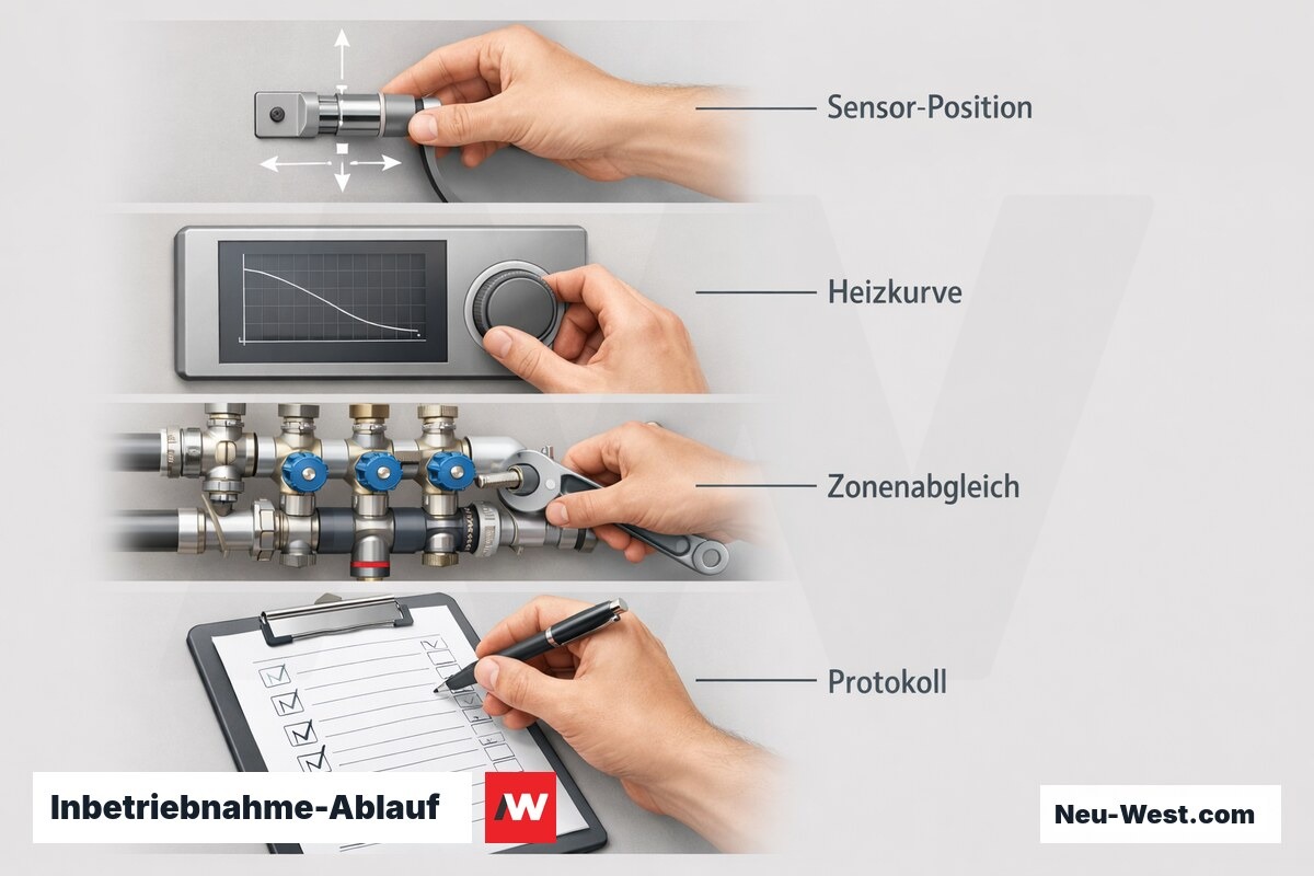 Inbetriebnahme-Ablauf: Kritische Prüfpunkte – Erklär-Grafik (NEUWEST Berlin)