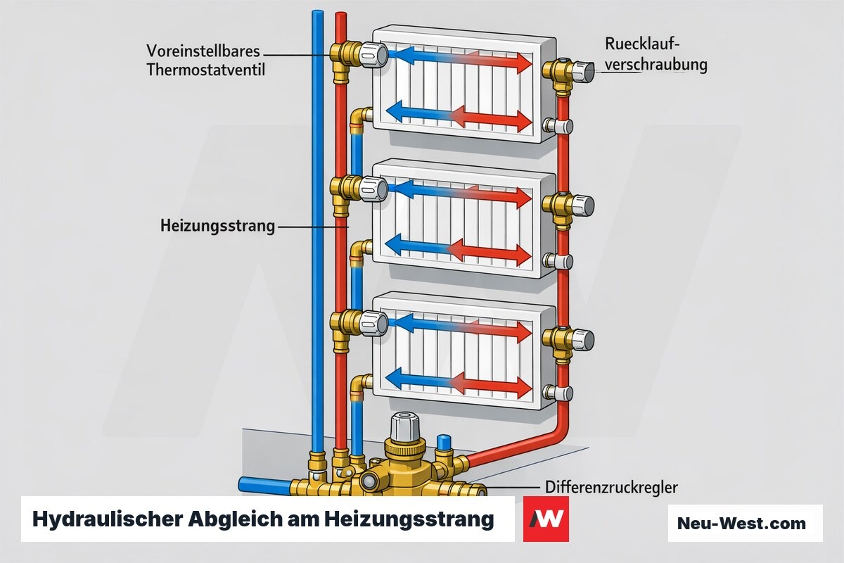 Querschnitt eines Gebäude-Heizungsstrangs mit voreinstellbaren Thermostatventilen, Rücklaufverschraubungen und Differenzdruckregler zur gleichmäßigen Durchflussverteilung.
