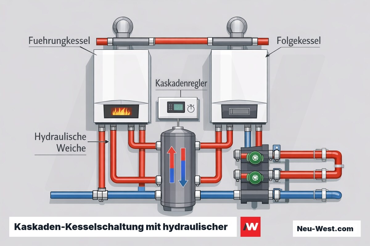 Querschnitt einer Zwei-Kessel-Kaskade mit Führungs- und Folgekessel, hydraulischer Weiche und Kaskadenregler zur druckmäßigen Entkopplung.