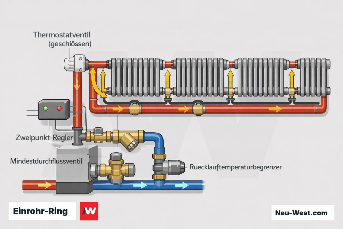 Querschnitt einer Berliner Einrohrheizung: geschlossenes Thermostatventil erhöht Ringdurchfluss, Zweipunkt-Regler, Mindestdurchfluss- und Rücklauftemperaturbegrenzer am Kessel.