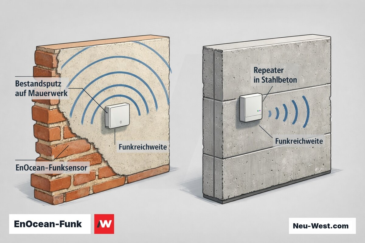 Querschnitt: batterieloser EnOcean-Funksensor auf Bestandsputz, gedaempfte Funkreichweite in Stahlbeton und Repeater zur Ueberbrueckung.