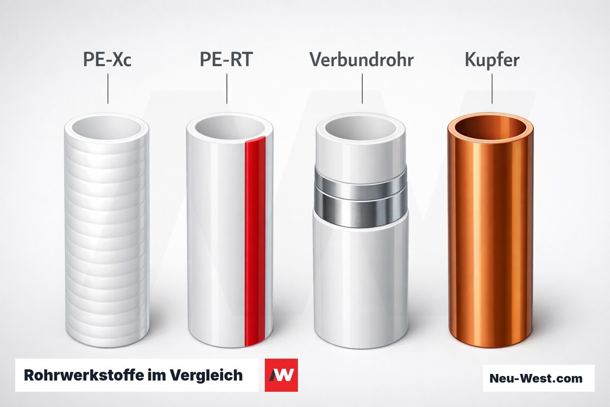 Rohrwerkstoffe im Vergleich: PE-Xc, PE-RT, Verbundrohr, Kupfer – Erklär-Grafik (NEUWEST Berlin)