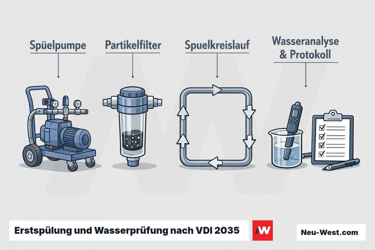 Prozessgrafik der Erstspülung: Spülpumpe, Partikelfilter, mehrfacher Spülkreislauf und Wasseranalyse mit Protokoll nach VDI 2035.