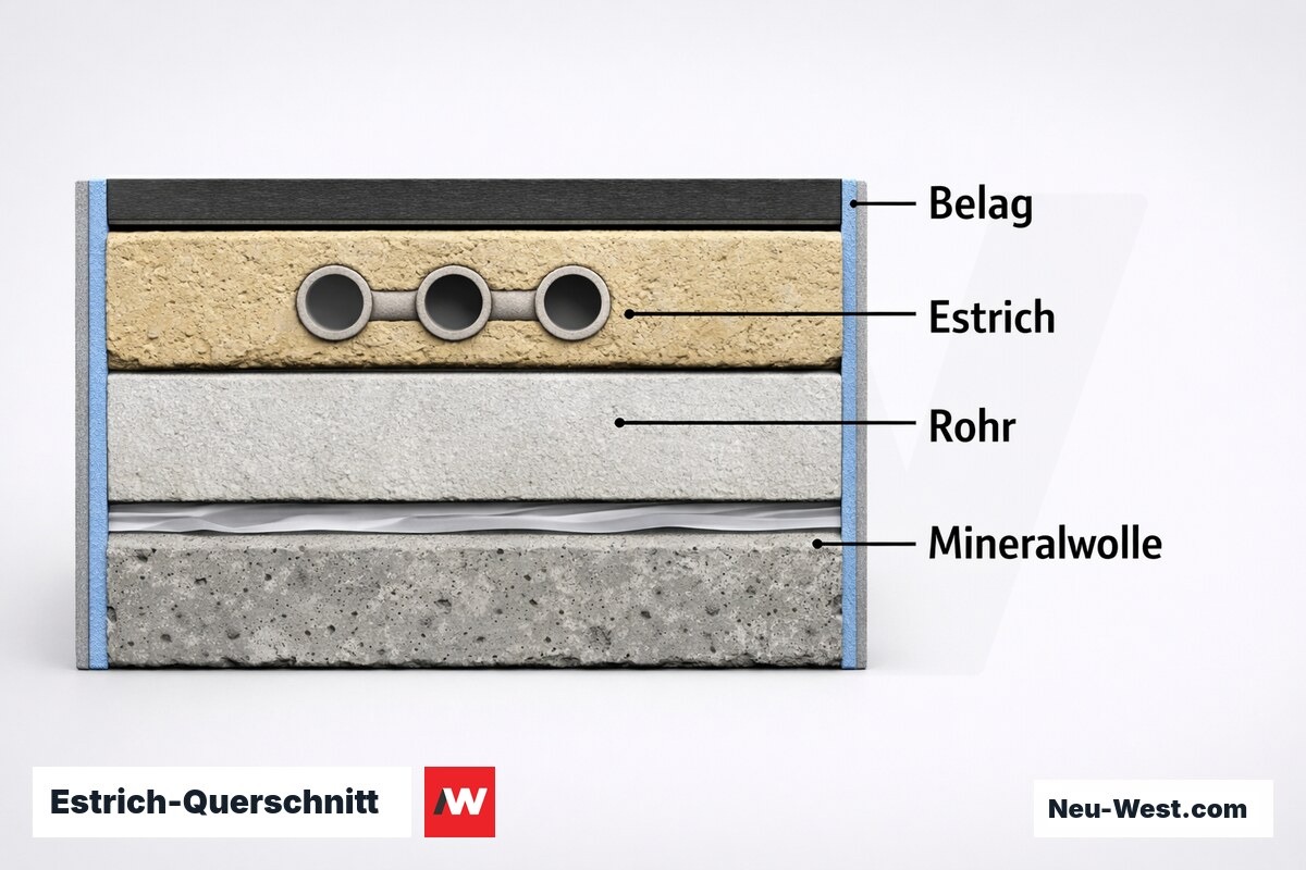 Estrich-Querschnitt: Schichtaufbau Fußbodenheizung nach DIN 18560-2 – Erklär-Grafik (NEUWEST Berlin)