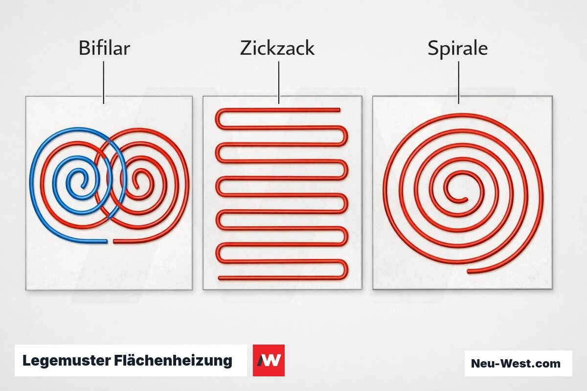 Legemuster Flächenheizung: Bifilar, Zickzack, Spirale – Erklär-Grafik (NEUWEST Berlin)
