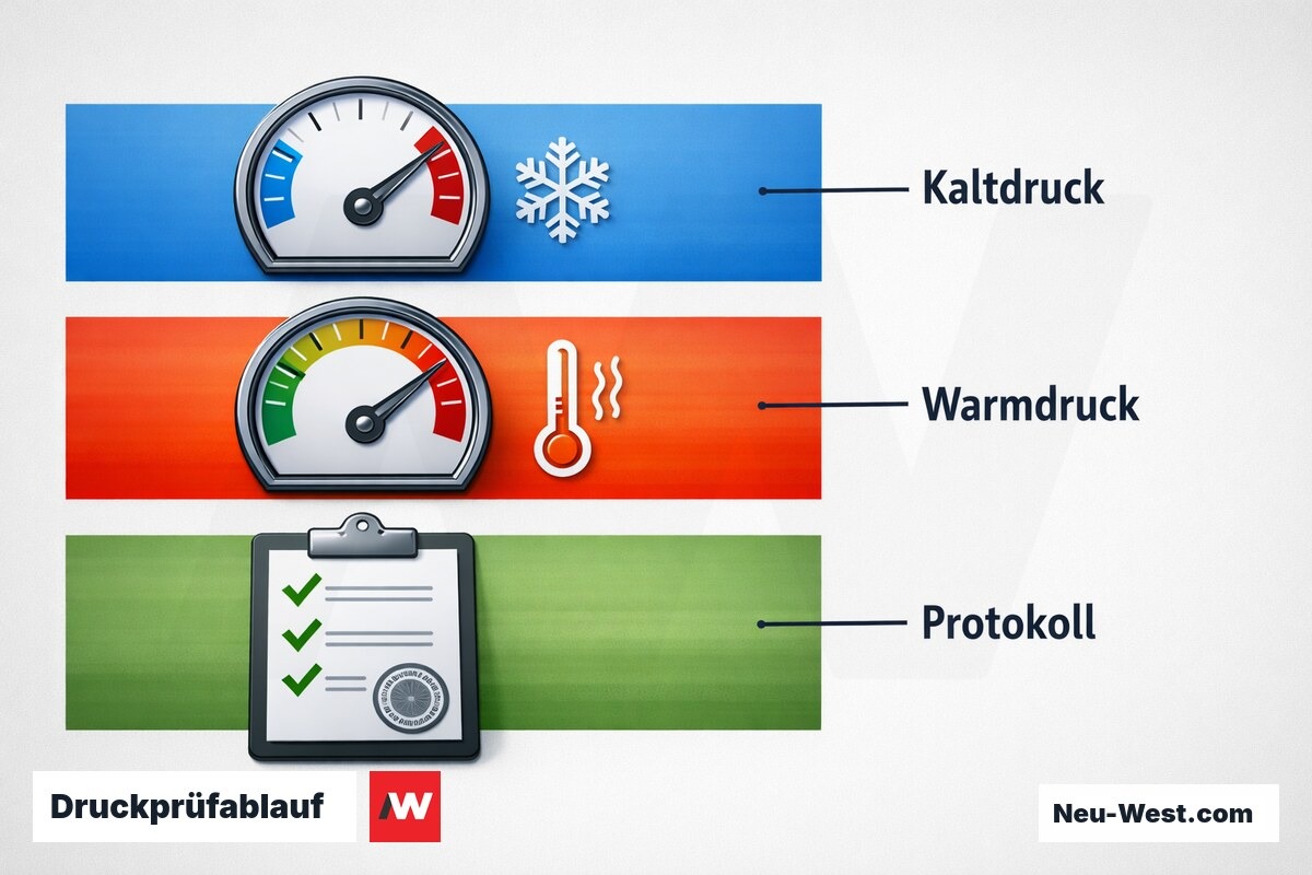 Druckprüfablauf nach DVGW: Kaltdruckprobe, Warmdruckprobe, Abnahme – Erklär-Grafik (NEUWEST Berlin)