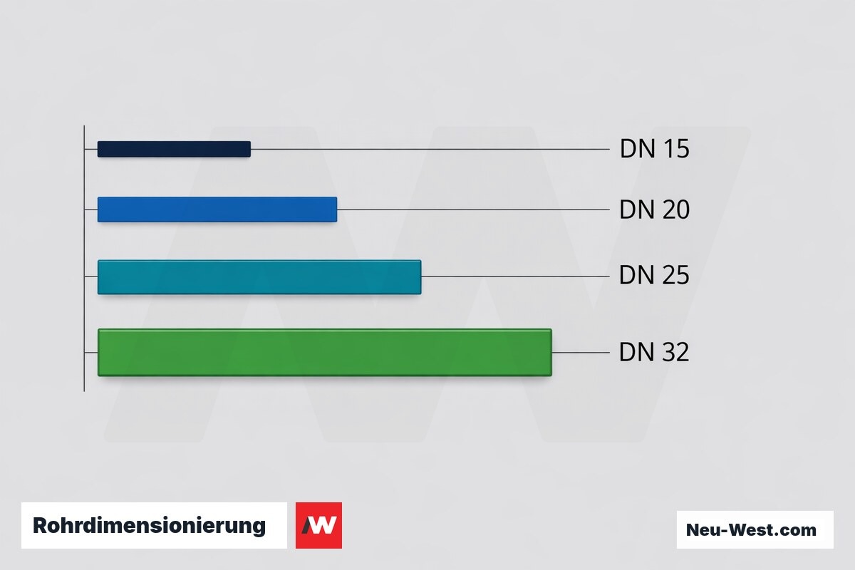 Rohrdimensionierung: Volumenstrom-Bereiche nach Nennweite DN 15 bis DN 32 – Erklär-Grafik (NEUWEST Berlin)