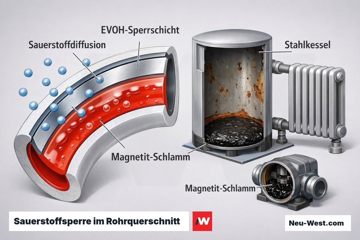 Cutaway eines Mehrschicht-PE-Heizungsrohrs mit EVOH-Sauerstoffsperre; eindringender Sauerstoff und Magnetit-Schlamm in Stahlkessel und Pumpe