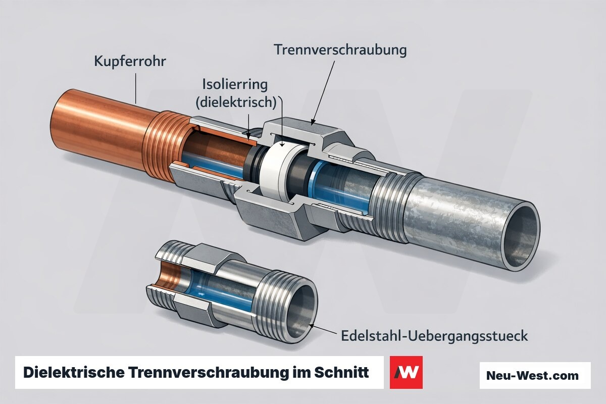 Schnittdarstellung einer dielektrischen Trennverschraubung mit Isolierring zwischen Kupfer- und Stahlrohr zur Unterbrechung galvanischer Korrosion.