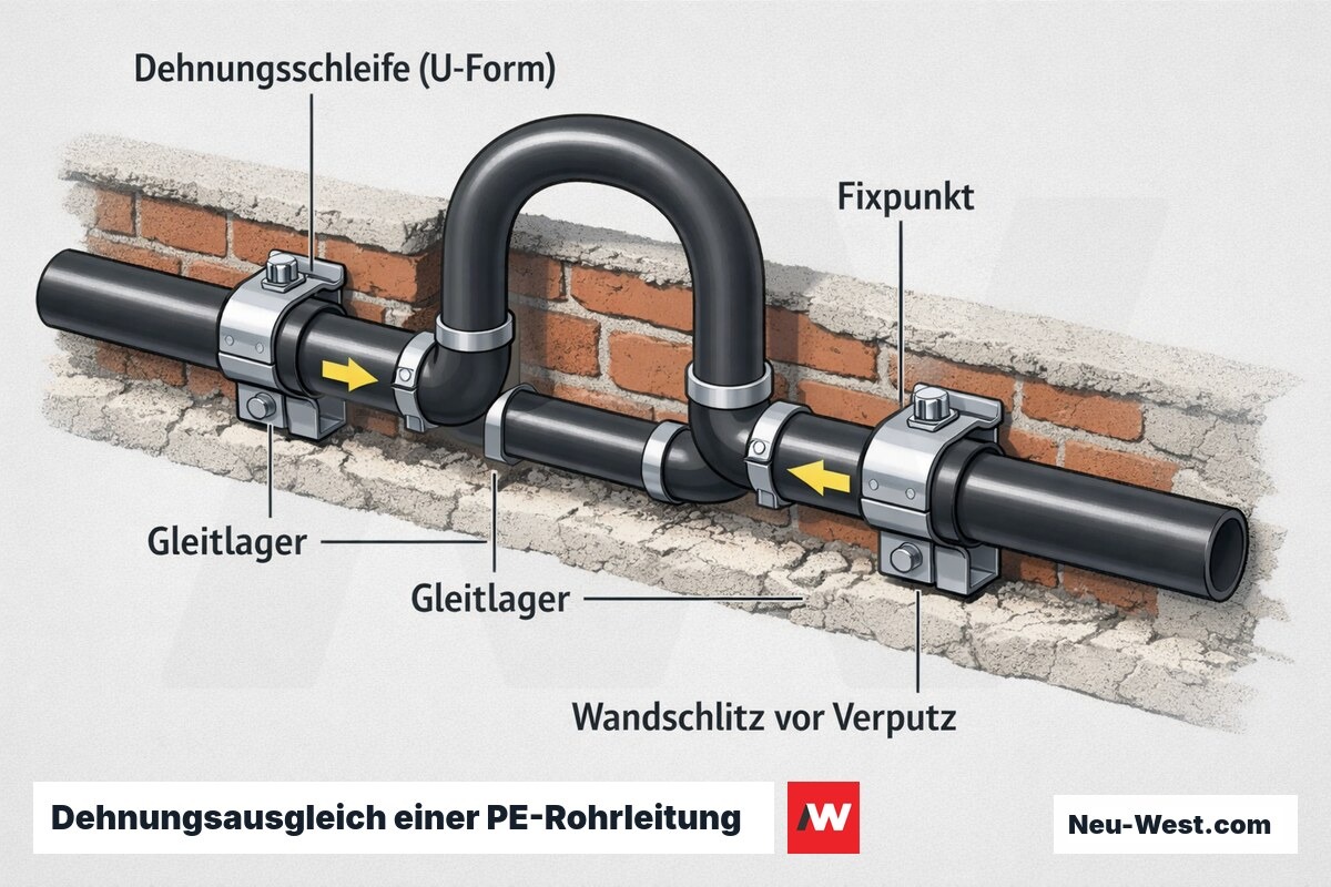 Querschnitt einer PE-Rohrleitung mit U-Dehnungsschleife, Fixpunkten und Gleitlagern zur Kompensation der Längenausdehnung vor dem Einputzen.