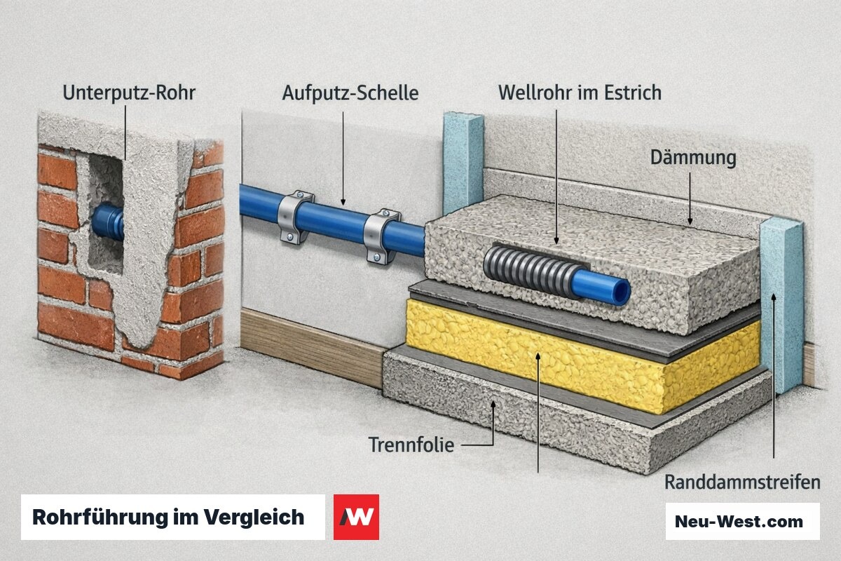 Querschnitt vergleicht Rohrführung unter Putz, auf Putz und im schwimmenden Estrich mit Wellrohr-Schutzmantel und Randdämmstreifen.