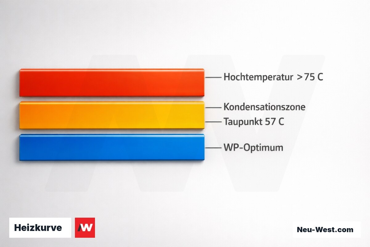 Heizkurve: Betriebsfenster Brennwert vs. Wärmepumpe – Erklär-Grafik (NEUWEST Berlin)