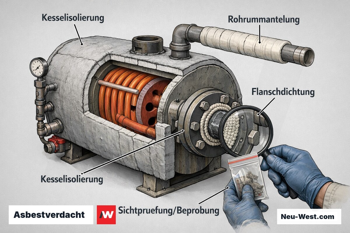 Cutaway-Grafik einer alten Kesselheizung mit typischen asbestverdächtigen Bauteilen wie Kesselisolierung, Flanschdichtung und Rohrummantelung samt Sichtprüfung.