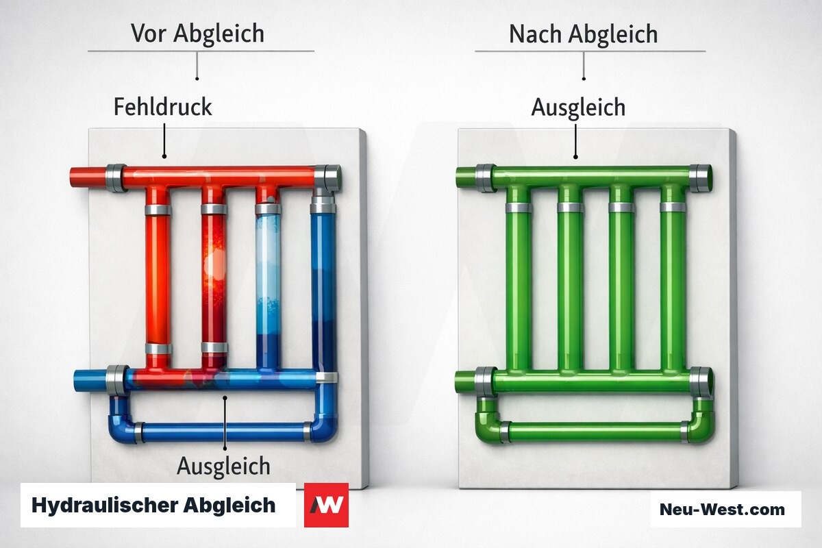 Hydraulischer Abgleich: Druckgefälle vor und nach dem Eingriff – Erklär-Grafik (NEUWEST Berlin)