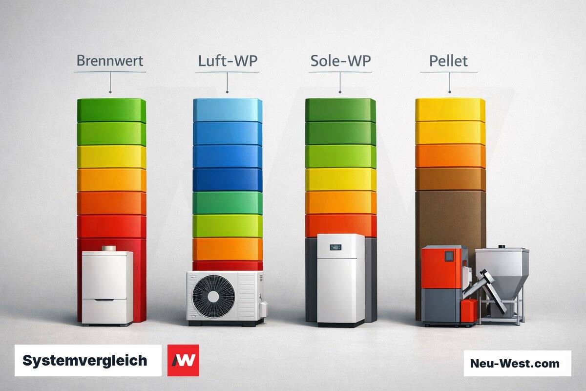 Systemvergleich: Brennwert / Luft-WP / Sole-WP / Pelletkessel – Erklär-Grafik (NEUWEST Berlin)