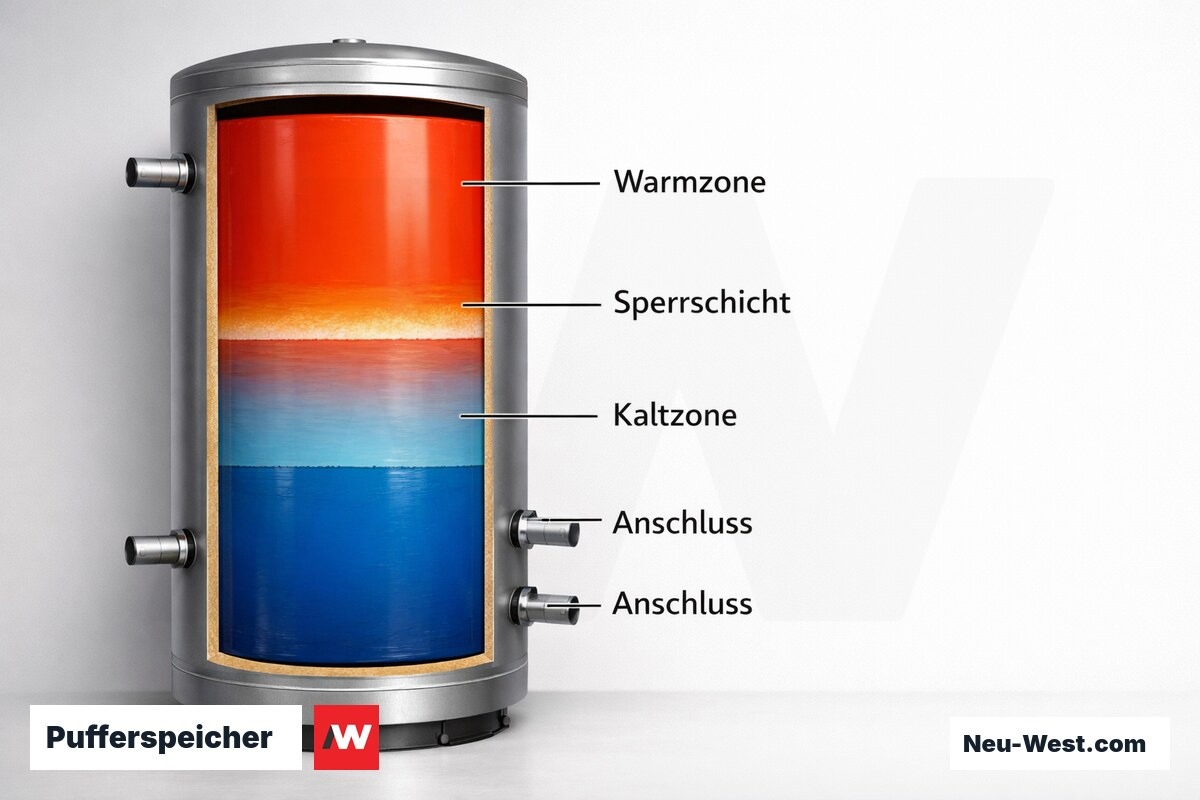 Pufferspeicher: Thermische Schichtung und Anschlusslage – Erklär-Grafik (NEUWEST Berlin)