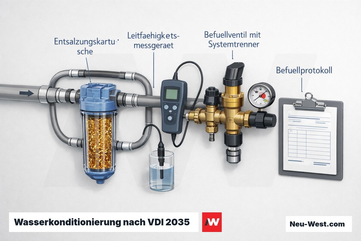 Erklär-Illustration einer Heizwasser-Befüllstation: Entsalzungskartusche, Leitfähigkeitsmessgerät, Befüllventil und Protokoll für VDI 2035.
