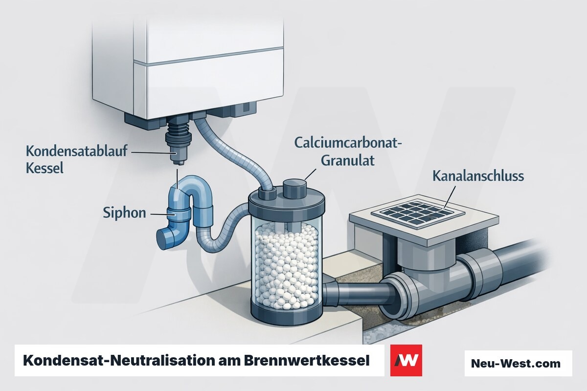 Querschnitt: Brennwertkessel mit Kondensatablauf, Siphon, Neutralisationsbox mit Calciumcarbonat-Granulat und Anschluss an den Kanal.