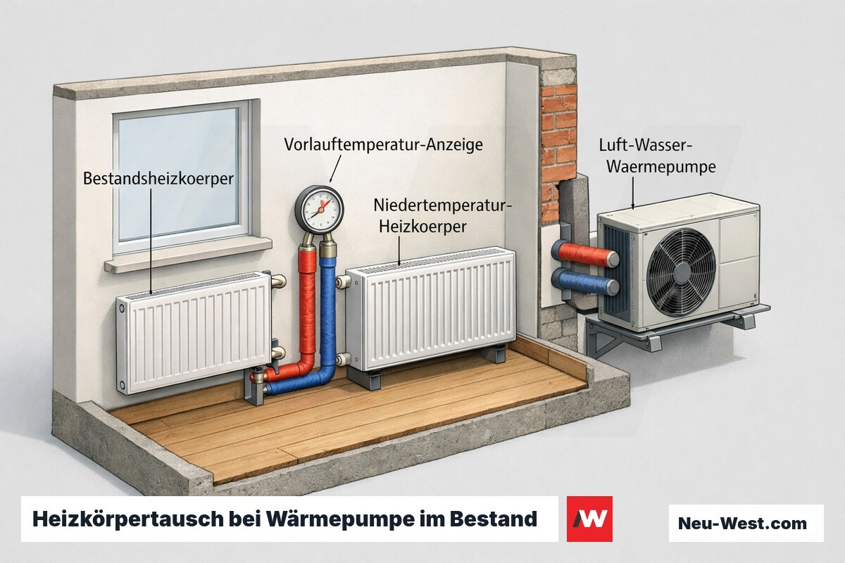 Querschnitt eines Bestandsraums mit Heizkörper, Vorlauftemperatur-Anzeige, Luft-Wasser-Wärmepumpe und größerem Niedertemperatur-Heizkörper im Vergleich.
