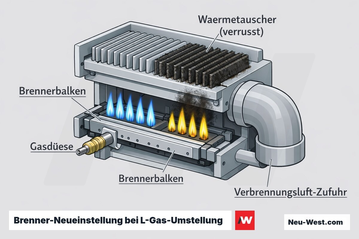 Cutaway eines Gasbrenners: Düse, Brennerbalken, Luftzufuhr und verrußter Wärmetauscher bei fetter Verbrennung ohne Neueinstellung.