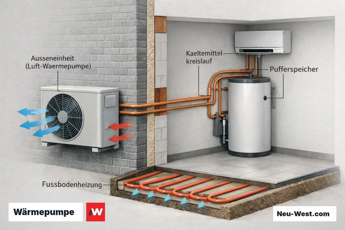 Querschnitt eines Altbaus mit Luft-Wasser-Wärmepumpe: Außeneinheit, Kältemittelkreislauf, Pufferspeicher und Fußbodenheizung im Überblick.