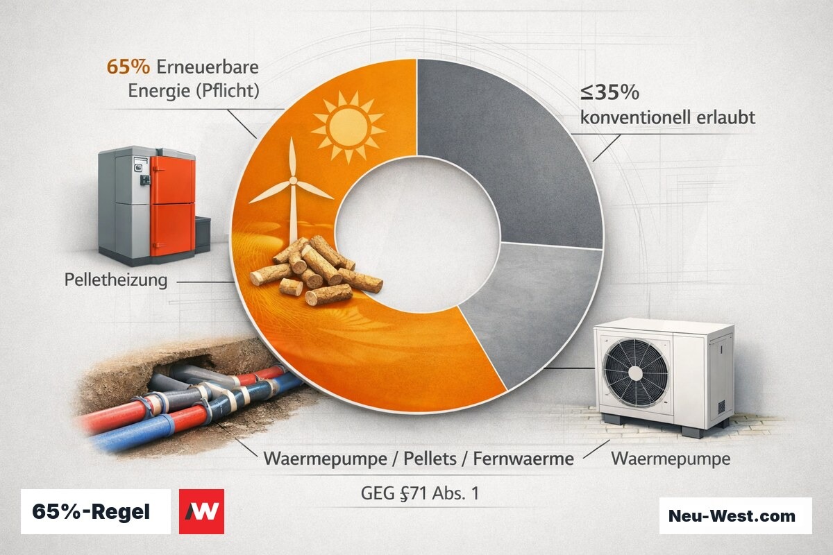 Kreisdiagramm zur 65%-Regel des GEG: Pflichtanteil erneuerbarer Energien beim Heizungstausch mit zulässigem konventionellem Restanteil.