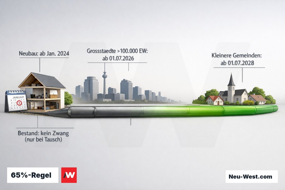 Zeitstrahl mit den gesetzlichen Fristen der GEG 65%-Pflicht: Neubau 2024, Großstädte Juli 2026, kleinere Gemeinden Juli 2028.