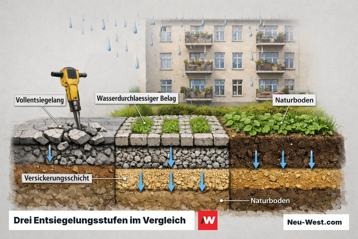 Querschnitt eines Berliner Hinterhofs mit drei Entsiegelungszonen: Betonaufriss, Rasengittersteine und offener Naturboden mit Infiltrationspfeilen