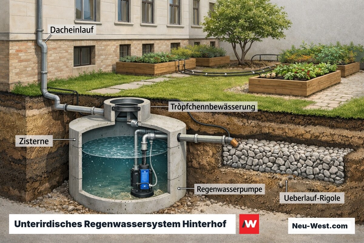 Technischer Querschnitt eines Berliner Hinterhofs mit Zisterne, Rigole und Bewässerungsleitungen unter begrünter Hoffläche