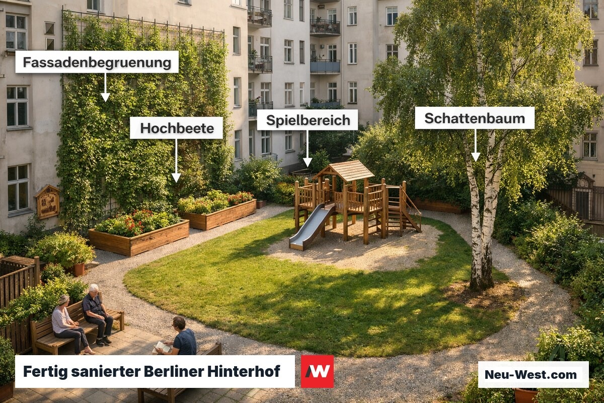 Vogelperspektive eines sanierten Berliner Gründerzeit-Hinterhofs mit Fassadenbegrünung, Hochbeeten, Spielfläche und schattenspendenden Bäumen