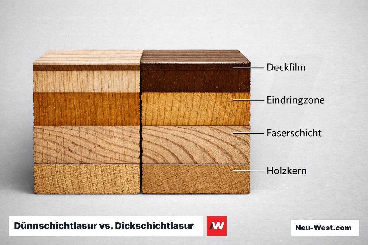 Dünnschichtlasur vs. Dickschichtlasur — Eindringtiefe im Holzgefüge – Erklär-Grafik (NEUWEST Berlin)
