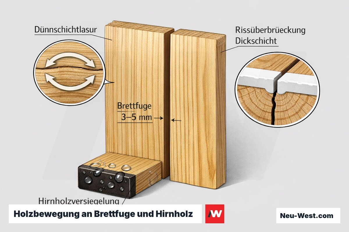 Querschnitt zweier Fassadenbretter mit Dünnschichtlasur, dimensionierter Brettfuge, versiegeltem Hirnholz und rissüberbrückender Dickschichtlasur.