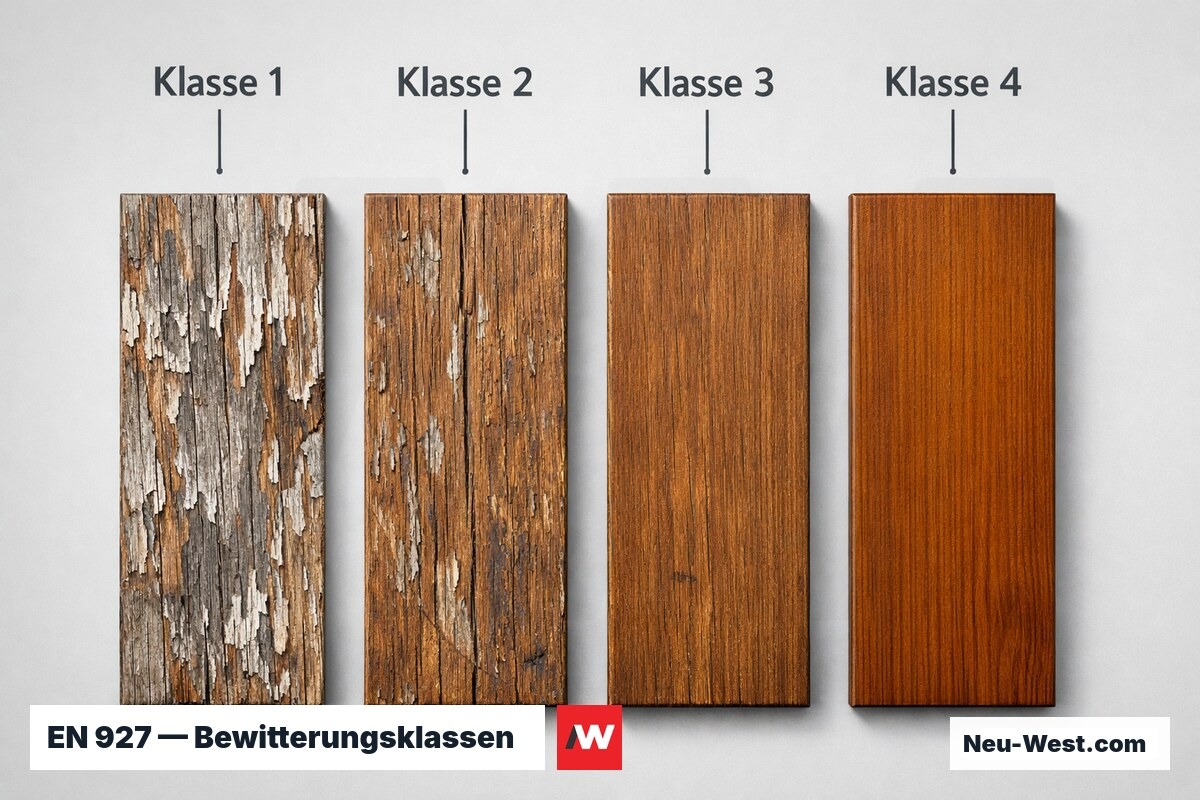 EN 927 — Bewitterungsklassen für Außenholzbeschichtungen (Leistungsstufen) – Erklär-Grafik (NEUWEST Berlin)