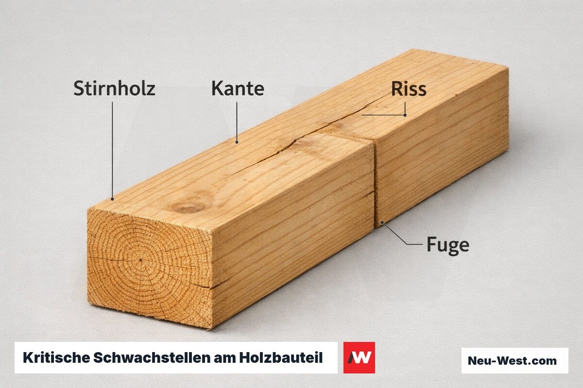 Kritische Schwachstellen am Holzbauteil — Feuchteeintrag und Schadenspotenzial – Erklär-Grafik (NEUWEST Berlin)