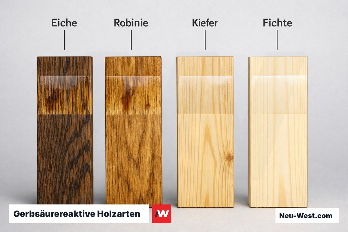 Gerbsäurereaktive Holzarten — Tannin-Ausblutungen und Isoliergrundierung – Erklär-Grafik (NEUWEST Berlin)
