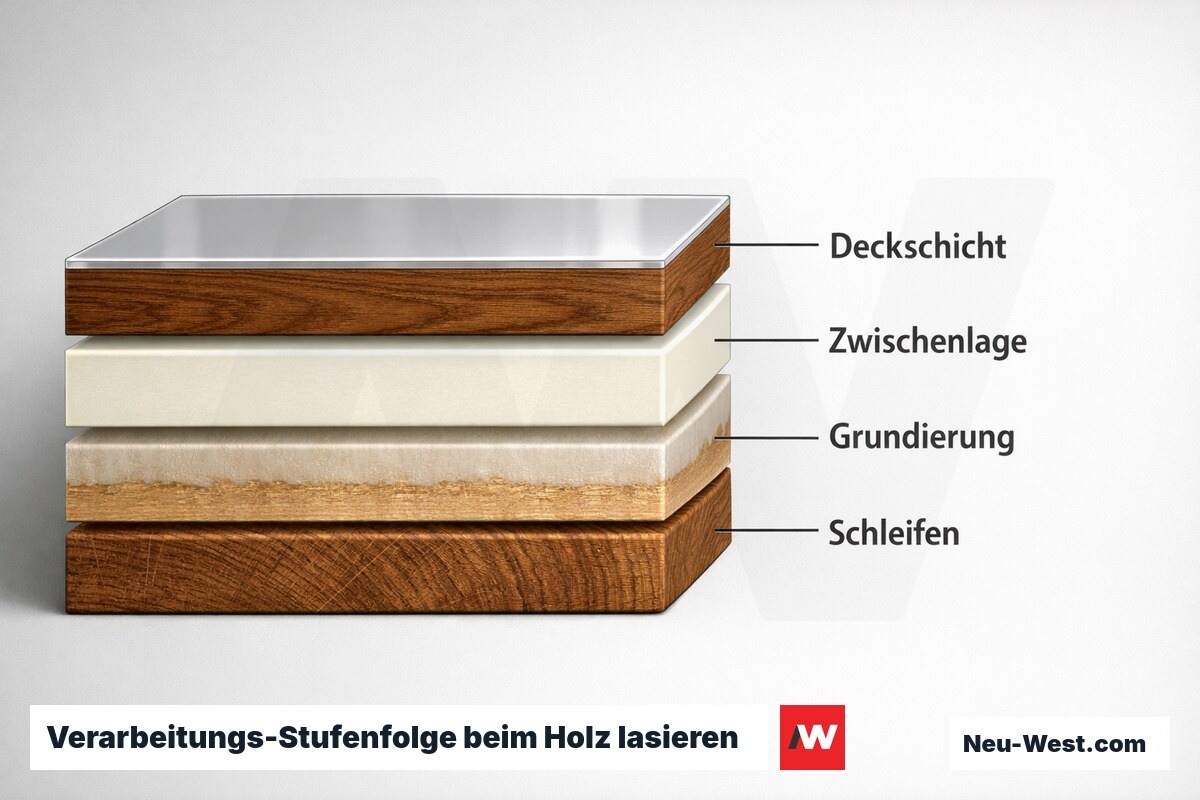 Verarbeitungs-Stufenfolge beim Holz lasieren — Schichtaufbau und Zeitfenster – Erklär-Grafik (NEUWEST Berlin)