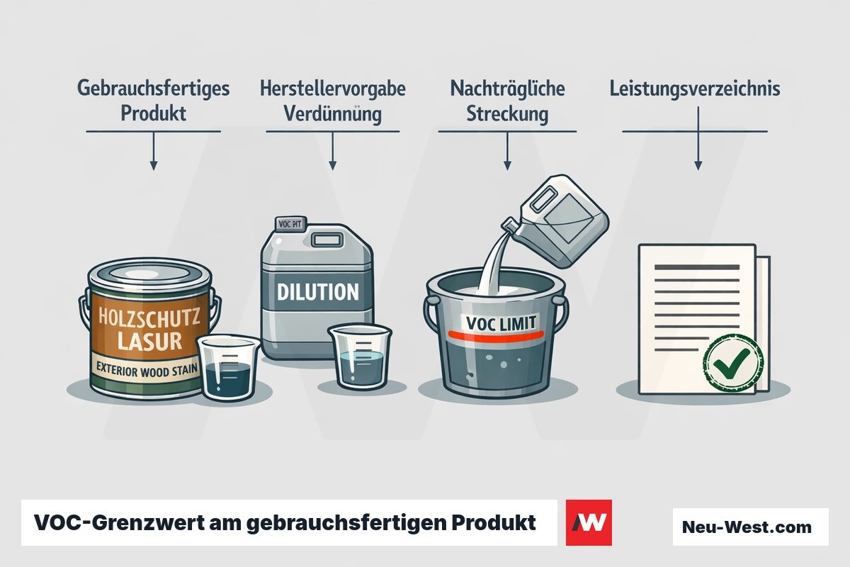 Diagramm zum VOC-Grenzwert nach RL 2004/42/EG: gebrauchsfertige Lasur, Herstellerverdünnung und unzulässige Streckung auf der Baustelle.