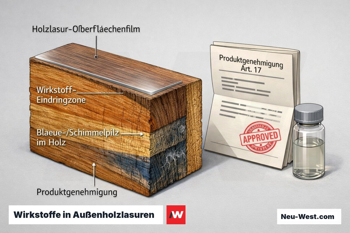 Querschnitt einer außenholzlasur-beschichteten Fassadenbohle mit Eindringzone, Bläuepilz im Holz und Produktgenehmigungs-Dokument nach EU-VO 528/2012.