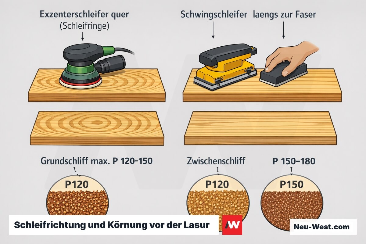 Vergleichsgrafik: Exzenterschleifer erzeugt sichtbare Schleifringe quer zur Faser, Schwingschleifer längs zur Faser mit Körnung P120 bis P150.
