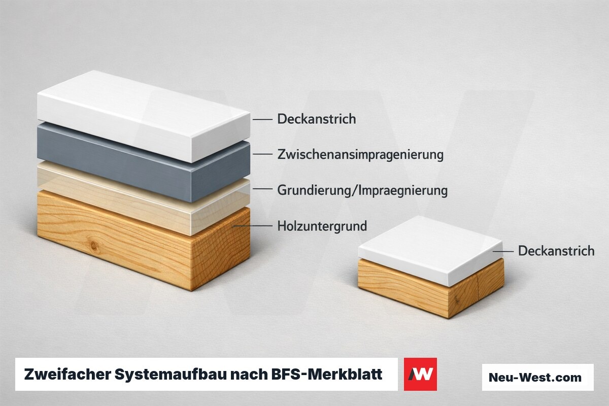Schichtaufbau einer fachgerechten Außenholzbeschichtung: Holzuntergrund, Grundierung, Zwischen- und Deckanstrich als zweifacher Systemaufbau nach BFS-Merkblatt Nr. 18.