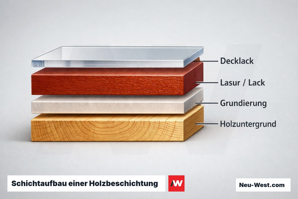 Querschnitt-Diagramm einer beschichteten Holzoberflaeche mit Untergrund, Grundierung, Lasur bzw. Lack und schuetzendem Decklack als getrennte Schichten