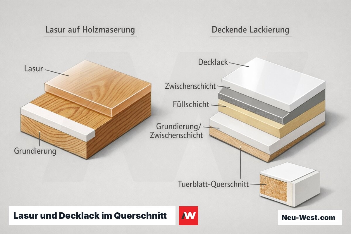 Querschnitt-Vergleich einer lasierenden und einer deckenden Lackierung auf Holz mit Grundierung, Zwischenschicht und Türblatt-Detail.