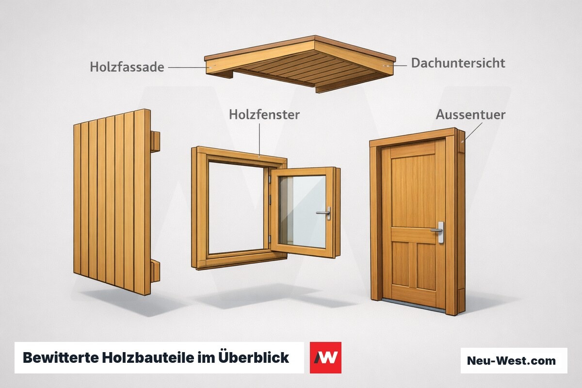 Übersichts-Illustration einer Gebäudeecke mit den bewitterten Holzbauteilen Fassade, Fenster, Außentür und Dachuntersicht, die eine schützende Beschichtung benötigen.