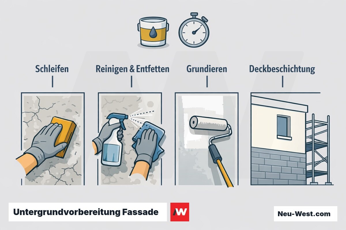 Prozess-Sequenz der Fassaden-Untergrundvorbereitung: Schleifen, Reinigen und Entfetten, Grundieren und Deckbeschichtung mit Trockenzeiten.
