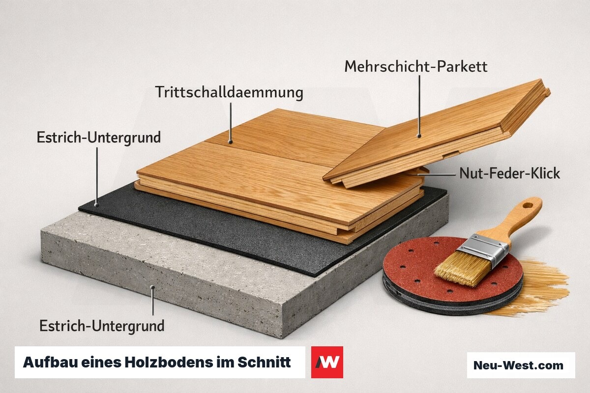 Schnitt-Illustration eines Holzbodens: Estrich, Trittschalldämmung, Mehrschicht-Parkett mit Nut-Feder-Verbindung und Oberflächenbehandlung.