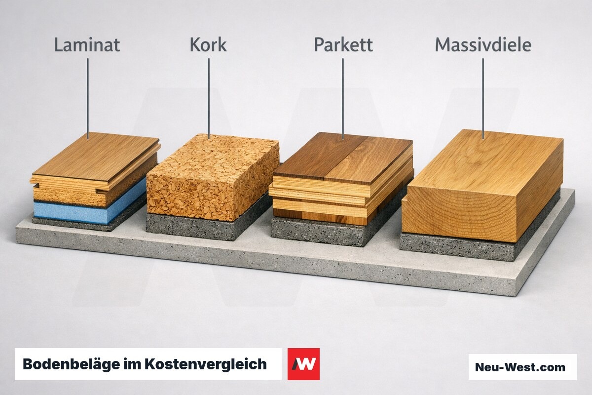 Vergleichs-Illustration von vier Bodenbelag-Querschnitten – Laminat, Kork, Parkett und Massivdiele – als Orientierung für die Verlegekosten pro Quadratmeter.