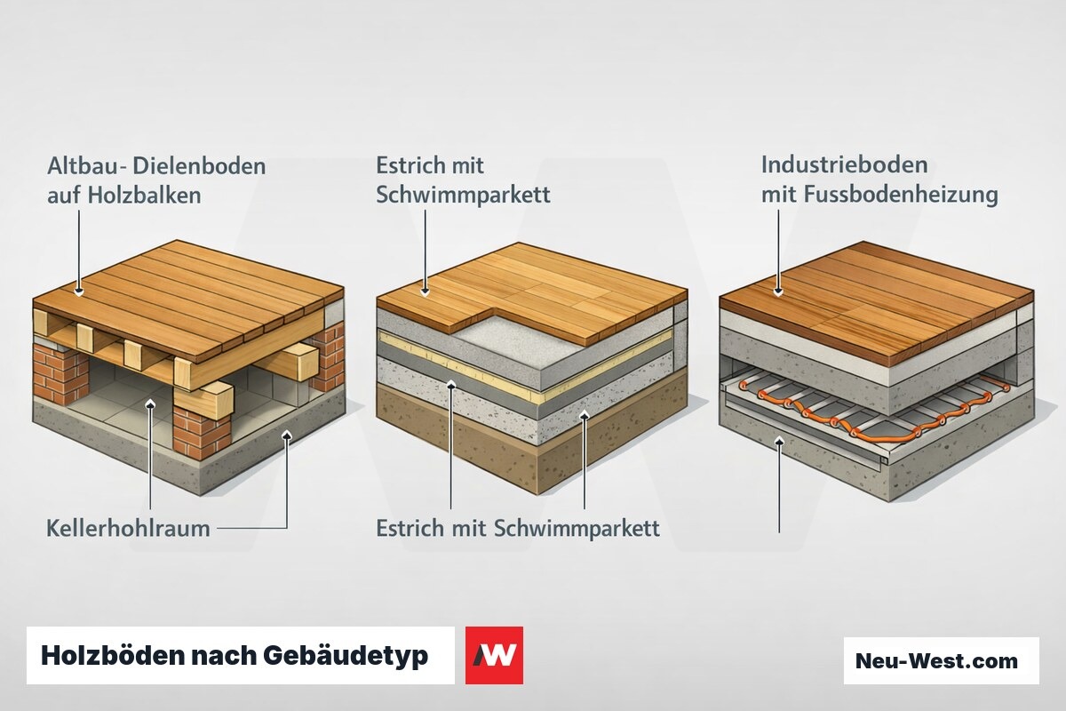 Isometrische Vergleichs-Illustration: Holzbodenaufbau in Altbauwohnung, Einfamilienhaus und Gewerbeobjekt mit Balken, Estrich und Fußbodenheizung.