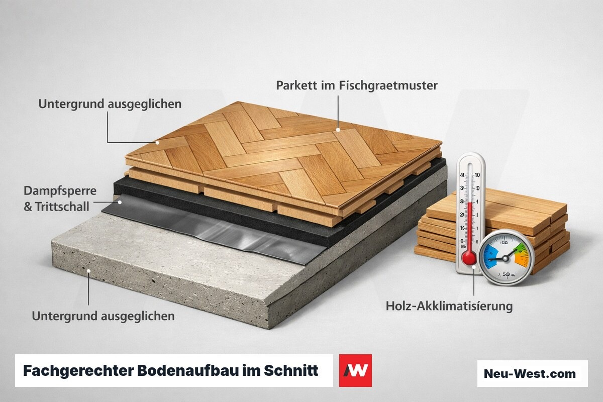 Querschnitt eines fachgerecht vorbereiteten Holzbodens mit ausgeglichenem Untergrund, Dampfsperre, Fischgrätparkett und akklimatisierenden Dielen.